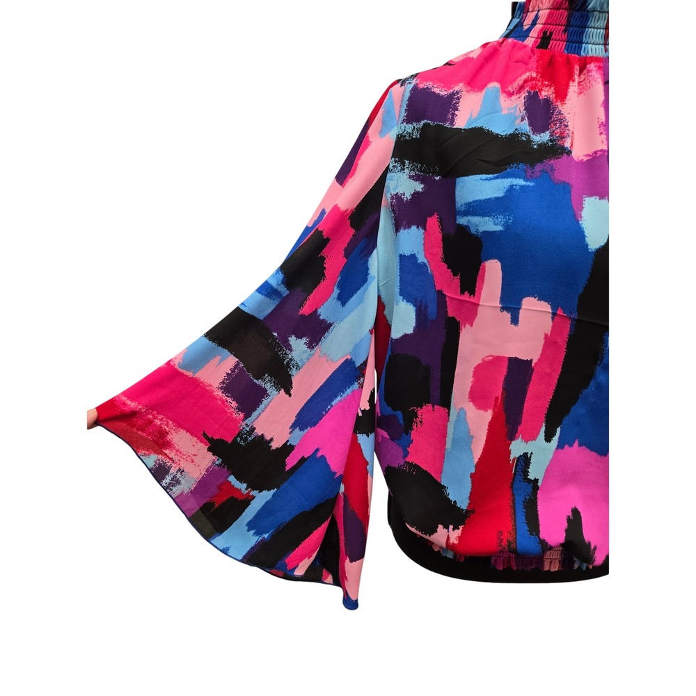 New York & Company Abstract Brushstroke Blouse M Smocked High Neck Bell Sleeve